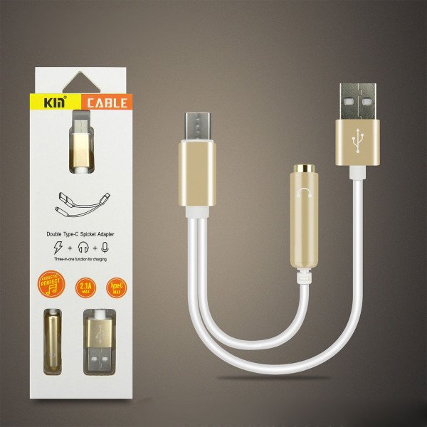 Wholesale Short Type-C USB Charging Cable and 3.5mm Jack AUX Headphone Audio Adapter Dongle 9.5in (Gold)